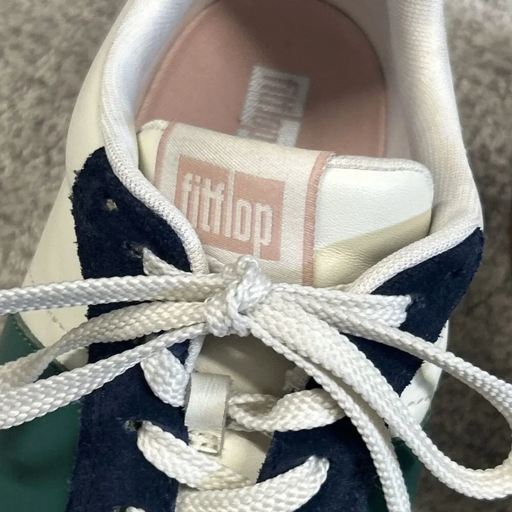 FitFlop F-Mode Shoes Womens 11 White Navy Green Leather Suede Sneakers